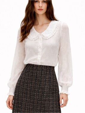 BB Dakota White Puff Sleeve Sailor Collar Blouse Sz Small cropped embroidered